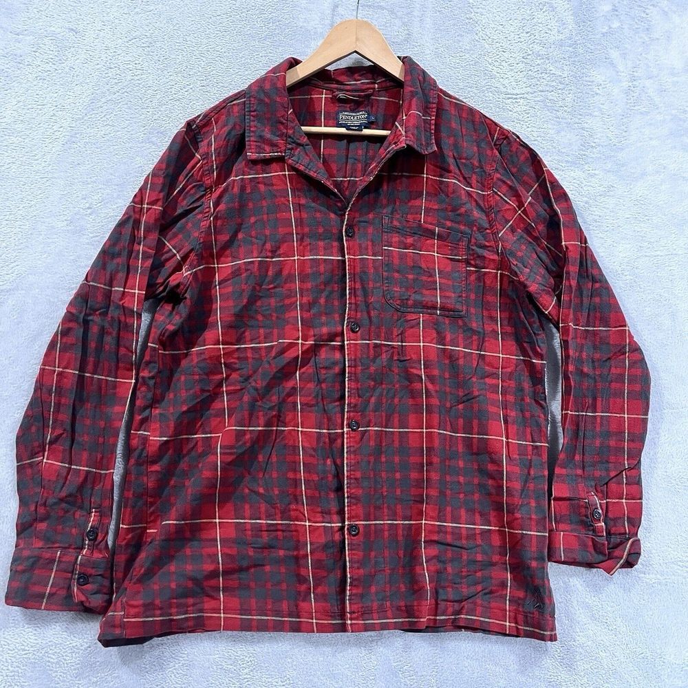 Pendleton Pajama Shirt Top Mens Large Red Button Up Long Sleeve Plaid